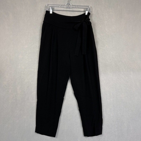 Diane Von Furstenberg Cropped Pants Size 6 Black Crepe Pleated Side Tie Pocket - Picture 2 of 16